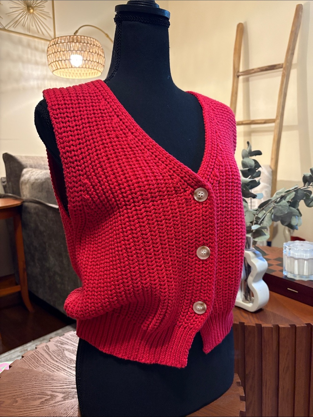 Women's Red V-Neck Button-Front Knit Sweater Vest